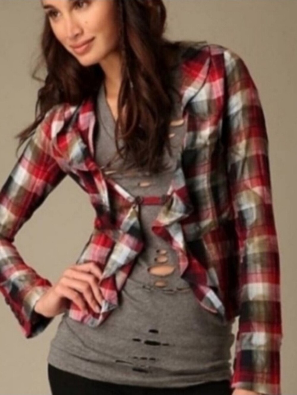 Free People Women's Red Plaid Ruffle-Front Blouse/Jacket